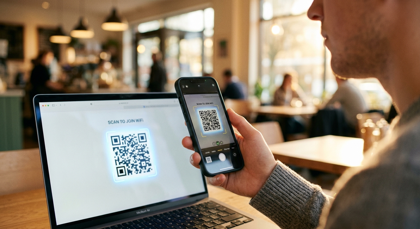 גבר יושב בבית קפה וסורק קוד QR ממסך מחשב נייד באמצעות הטלפון החכם שלו כדי להתחבר לרשת ה-WiFi